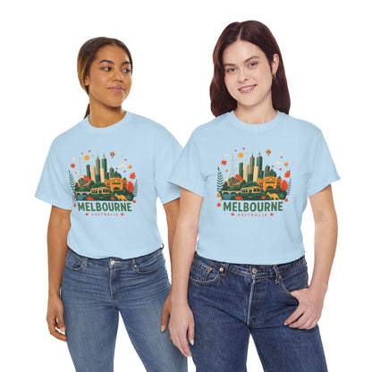 Light blue T-shirt with colorful Melbourne skyline graphic on the front