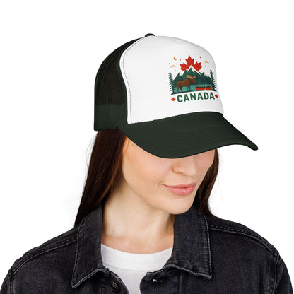 Dark green mesh trucker hat with white front panel and Canada emblem on top