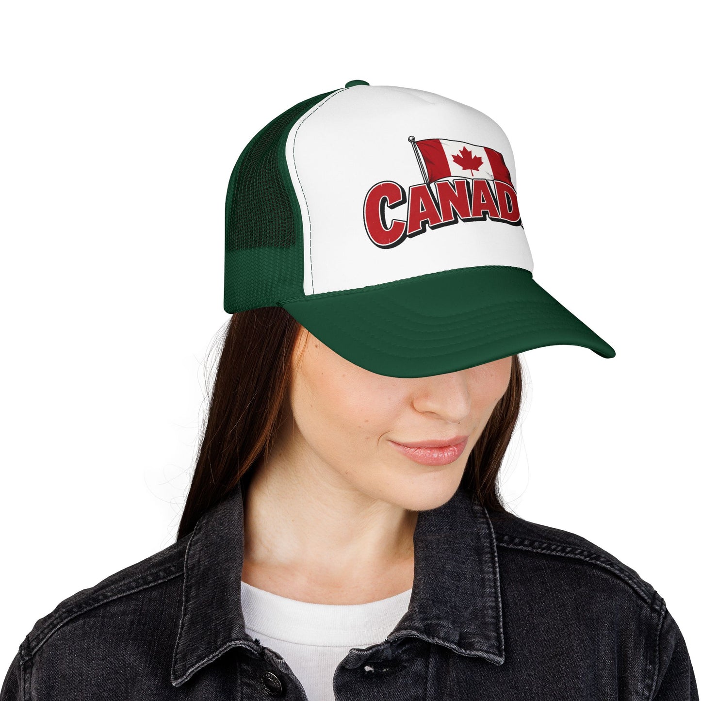 Dark green and white trucker hat with Canada flag logo patch on front