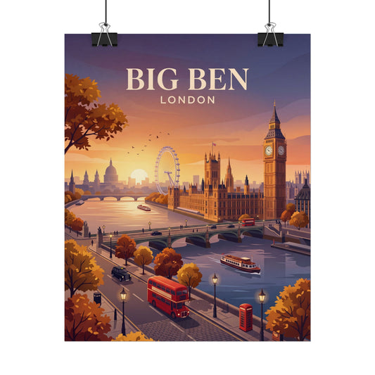 Tall London skyline poster featuring Big Ben clock tower, ferris wheel, and red buses.