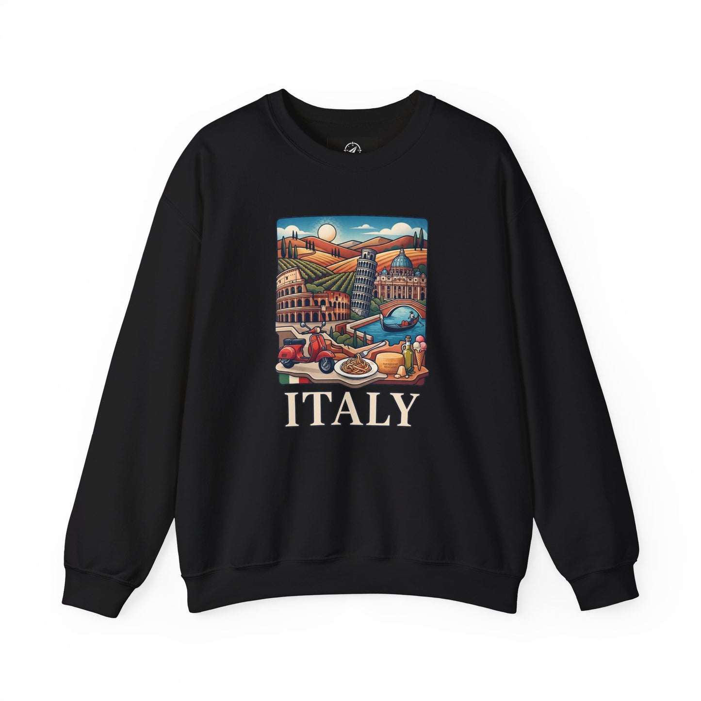 Black crewneck travel sweatshirt with long sleeves and front “ITALY” graphic