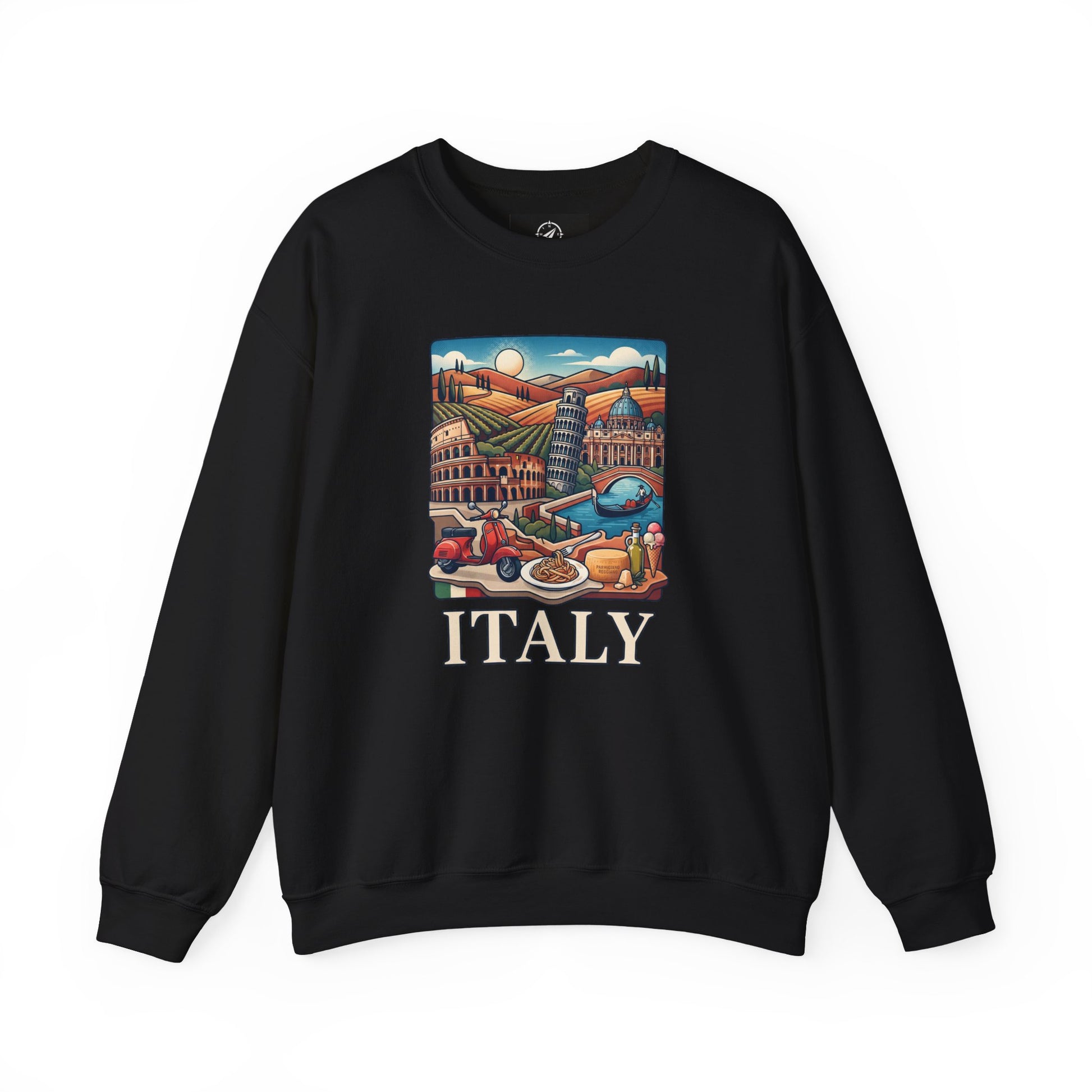 Black crewneck travel sweatshirt with long sleeves and front “ITALY” graphic