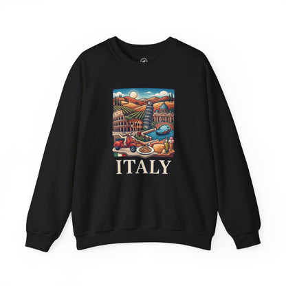 Black crewneck travel sweatshirt with long sleeves and front “ITALY” graphic