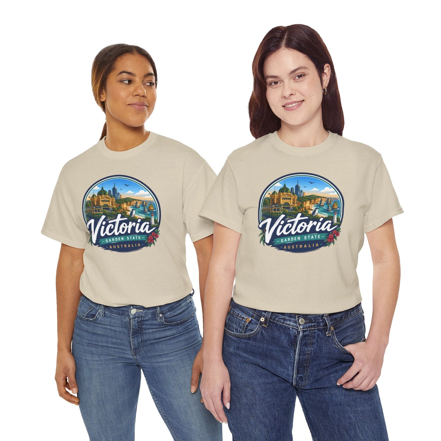 Cream travel tee with Victoria Australia front graphic print