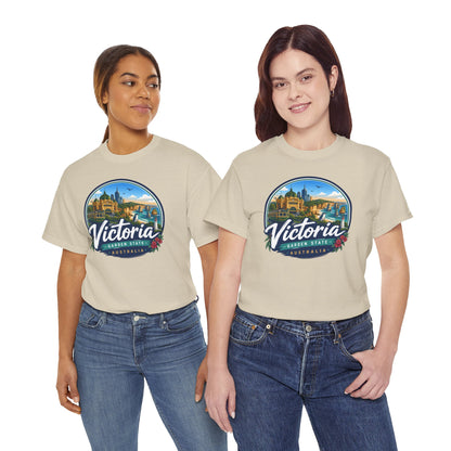 Cream travel tee with Victoria Australia front graphic print