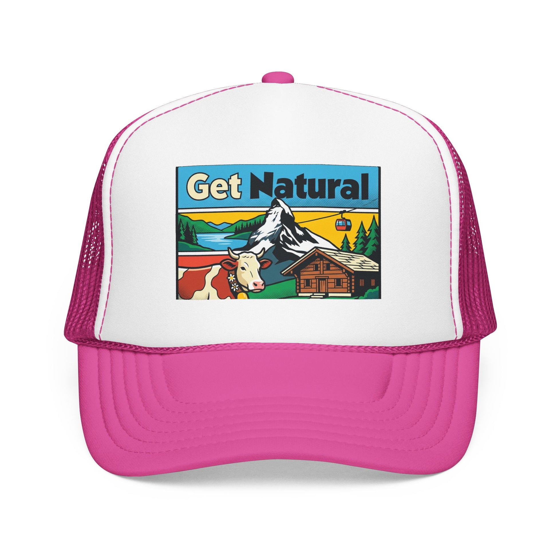 Get Natural trucker hat with Swiss landscape patch, white front and hot pink brim with magenta mesh.