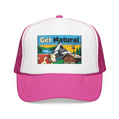 Get Natural trucker hat with Swiss landscape patch, white front and hot pink brim with magenta mesh.
