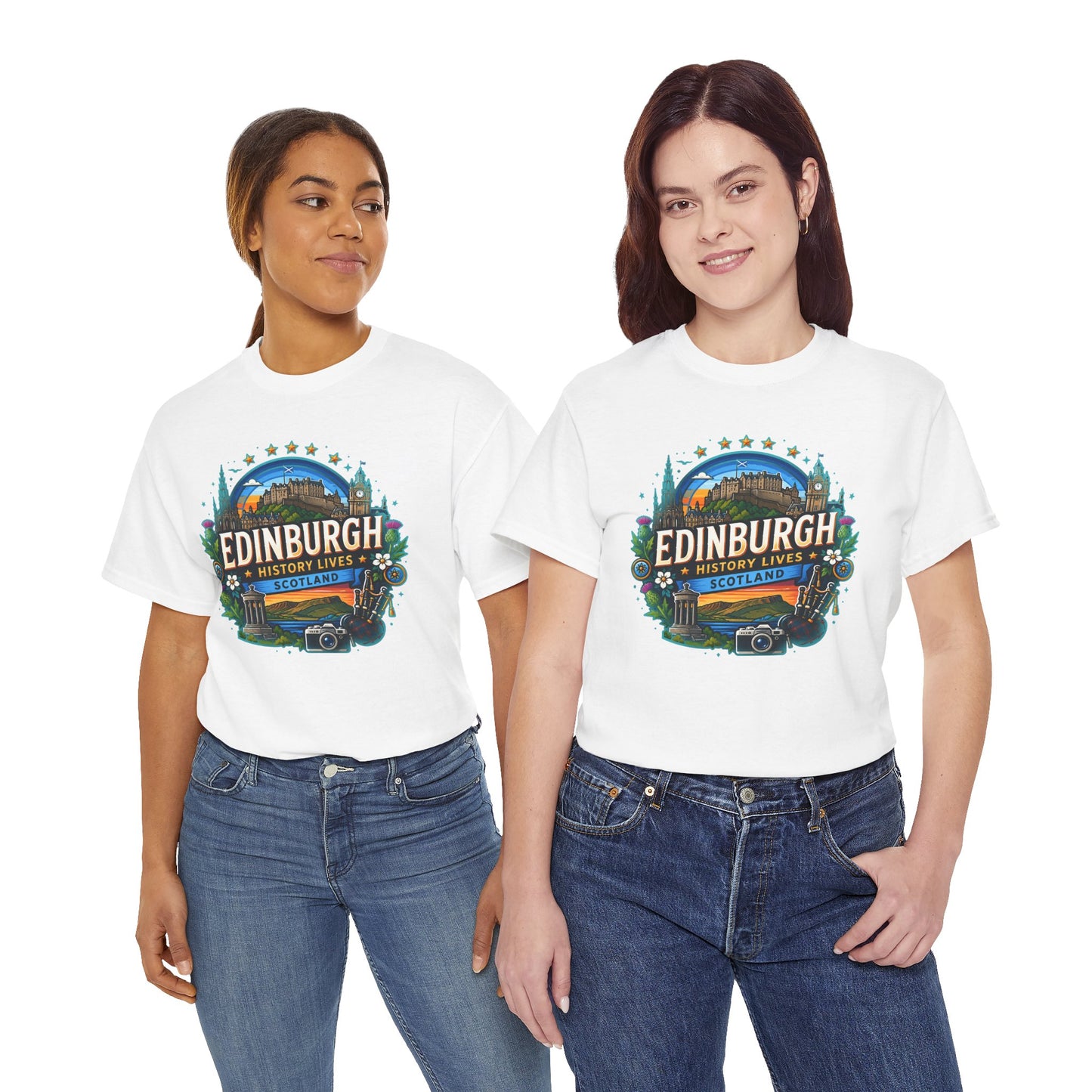 White crew-neck T-shirt with large circular Edinburgh-themed graphic print on chest