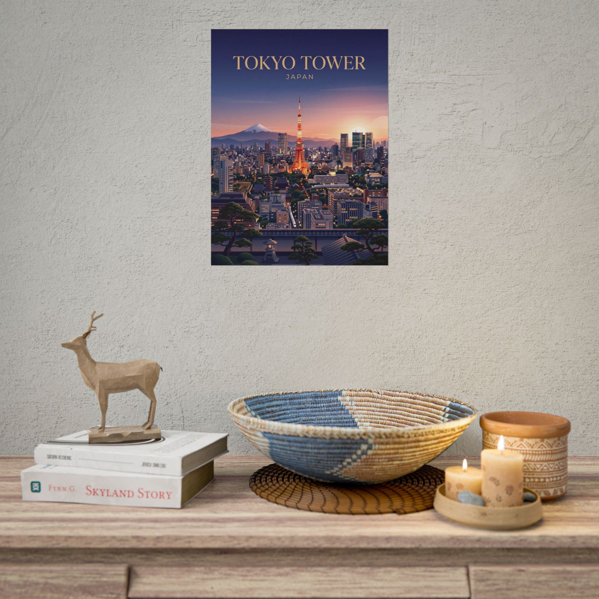 Rolled poster, small wall display, depicting Tokyo Tower skyline with “TOKYO TOWER” lettering.