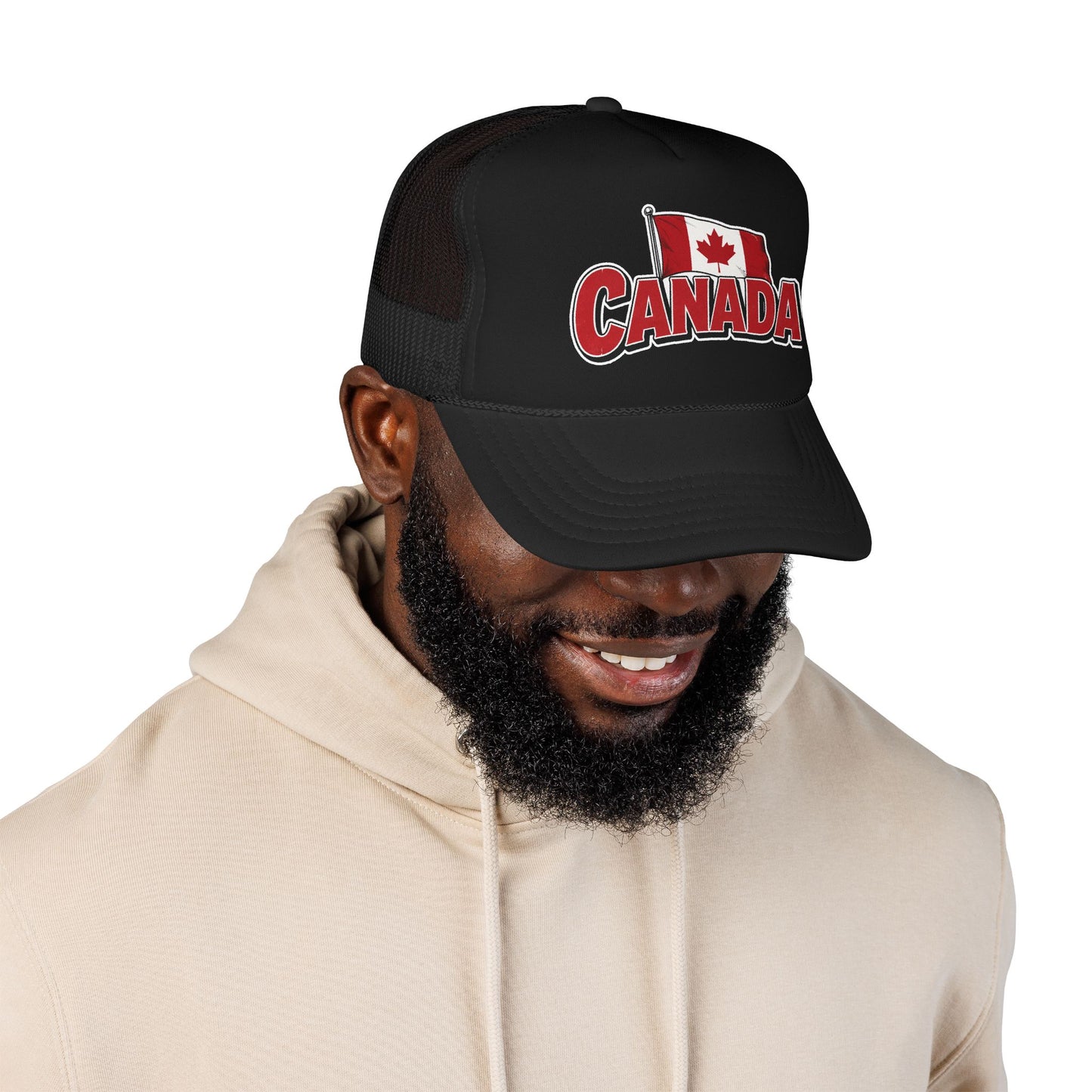 Black and white trucker hat with Canada flag patch and red “CANADA” logo on front.