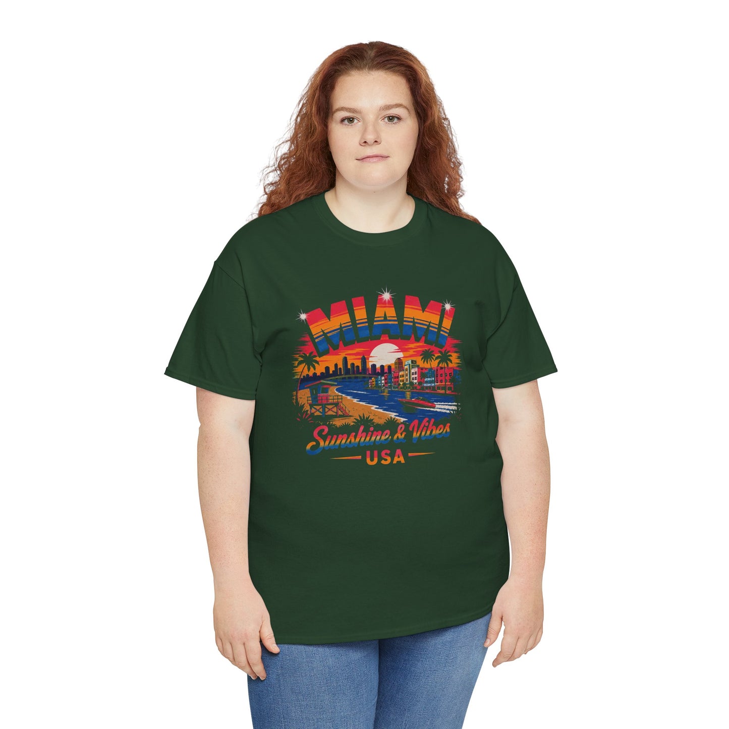 Forest green T-shirt with colorful Miami skyline graphic and USA text