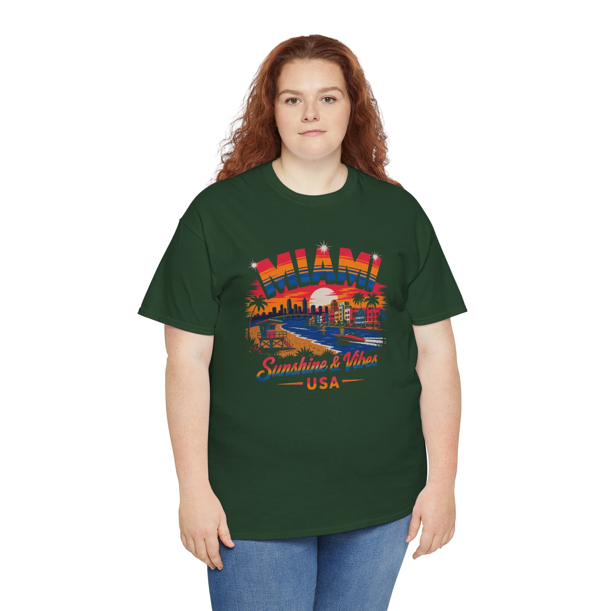 Forest green T-shirt with colorful Miami skyline graphic and USA text
