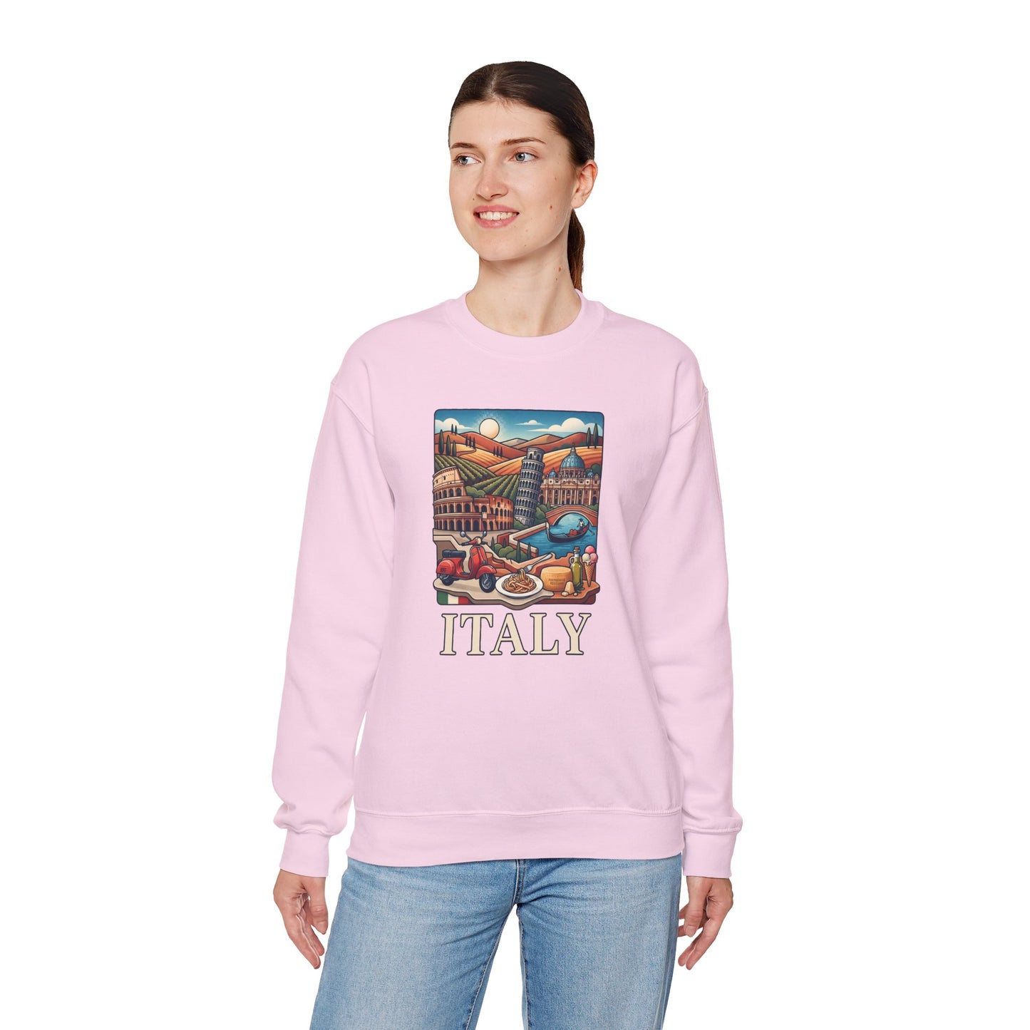 Italy travel sweatshirt, light pink crewneck with colorful “ITALY” graphic on the front