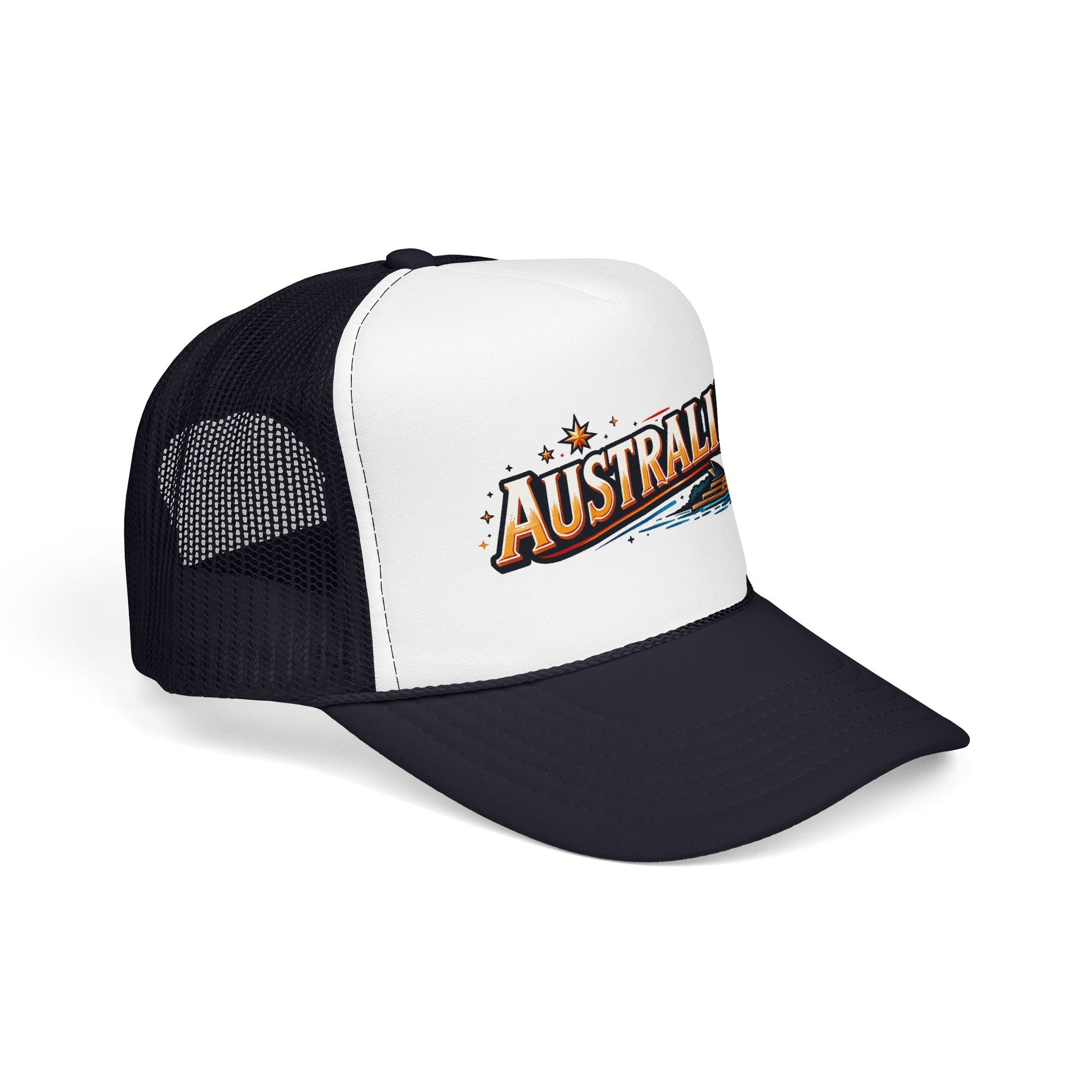 Black and white trucker cap with mesh back and embroidered AUSTRALIA logo, curved brim.