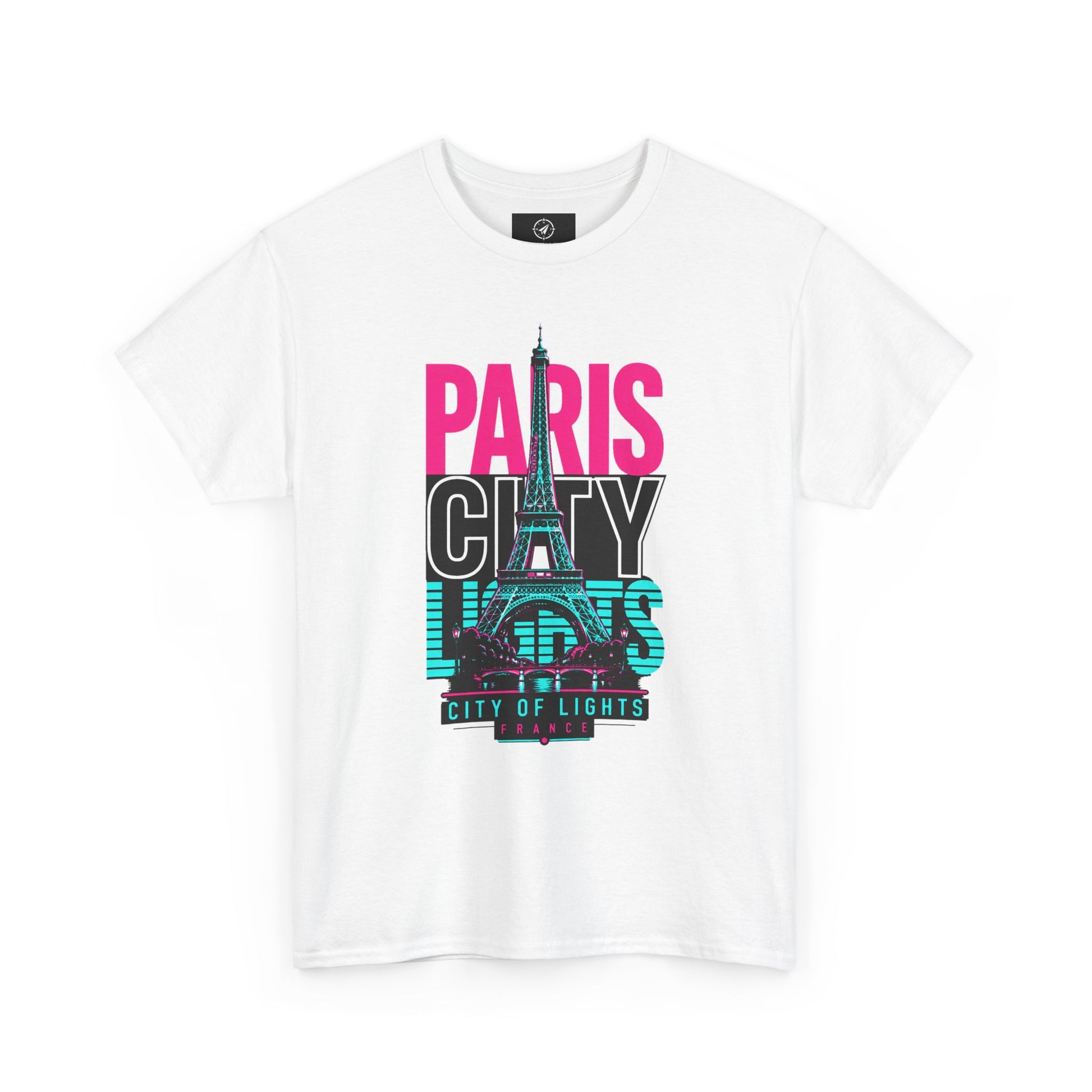 White Paris neon city travel T-shirt with Eiffel Tower graphic