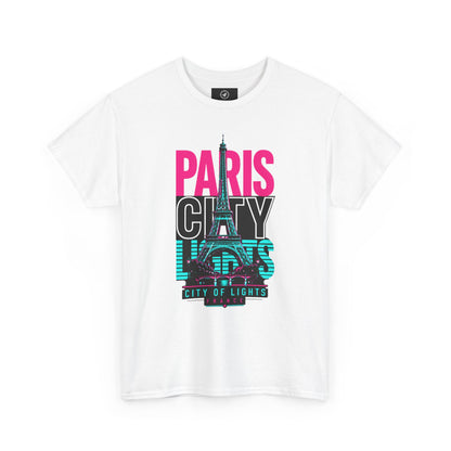 White Paris neon city travel T-shirt with Eiffel Tower graphic