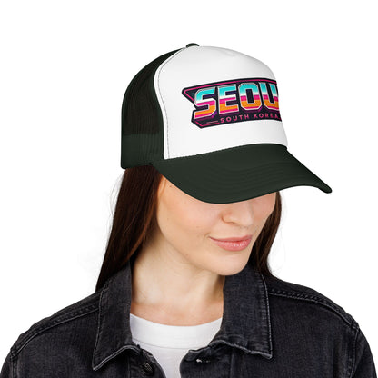 Dark green and white trucker hat with “SEOUL South Korea” logo patch on front panel