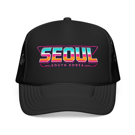 Black trucker hat with SEOUl South Korea logo patch on the front panel