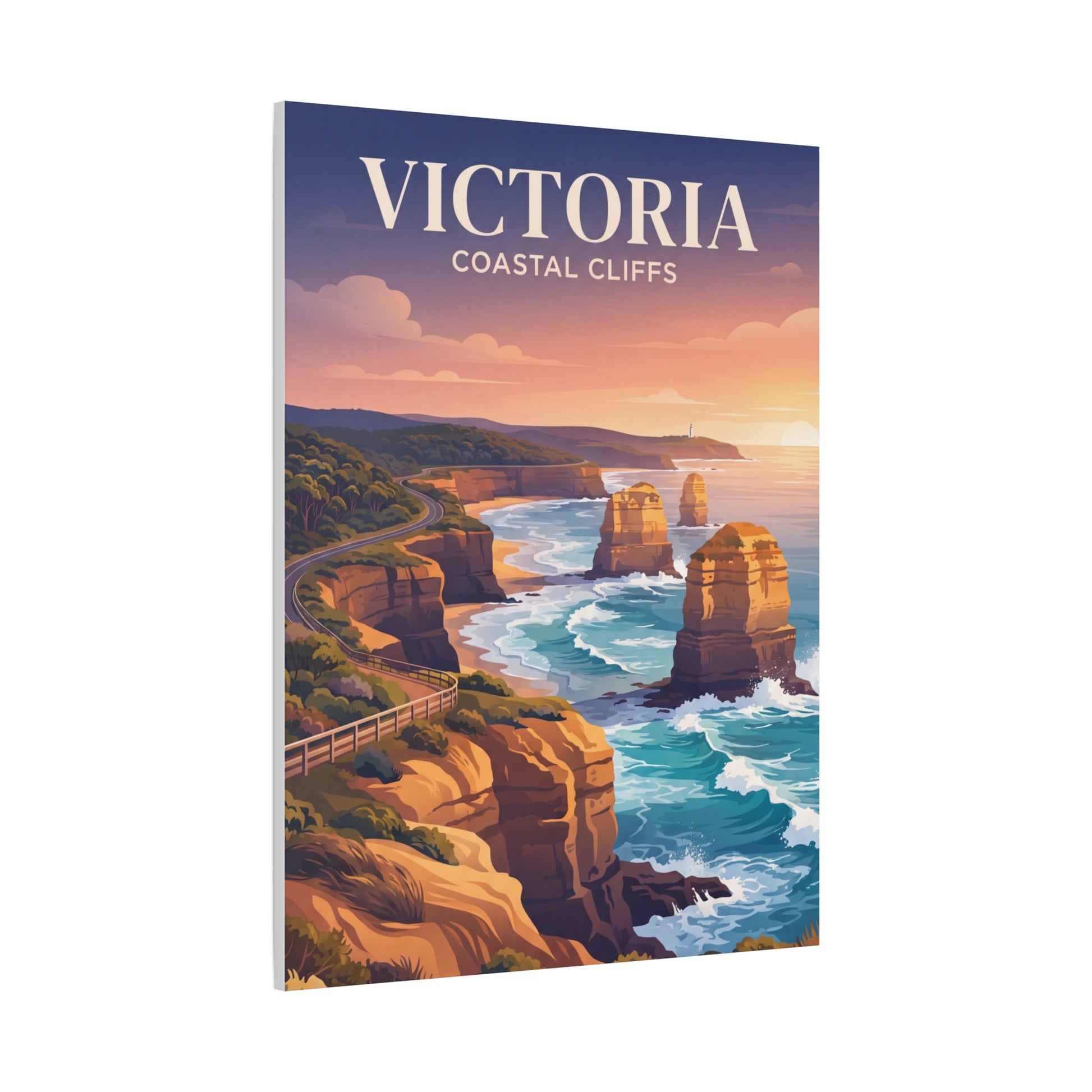 Vertical canvas wall art showing coastal rock stacks, ocean surf, and a glowing horizon.