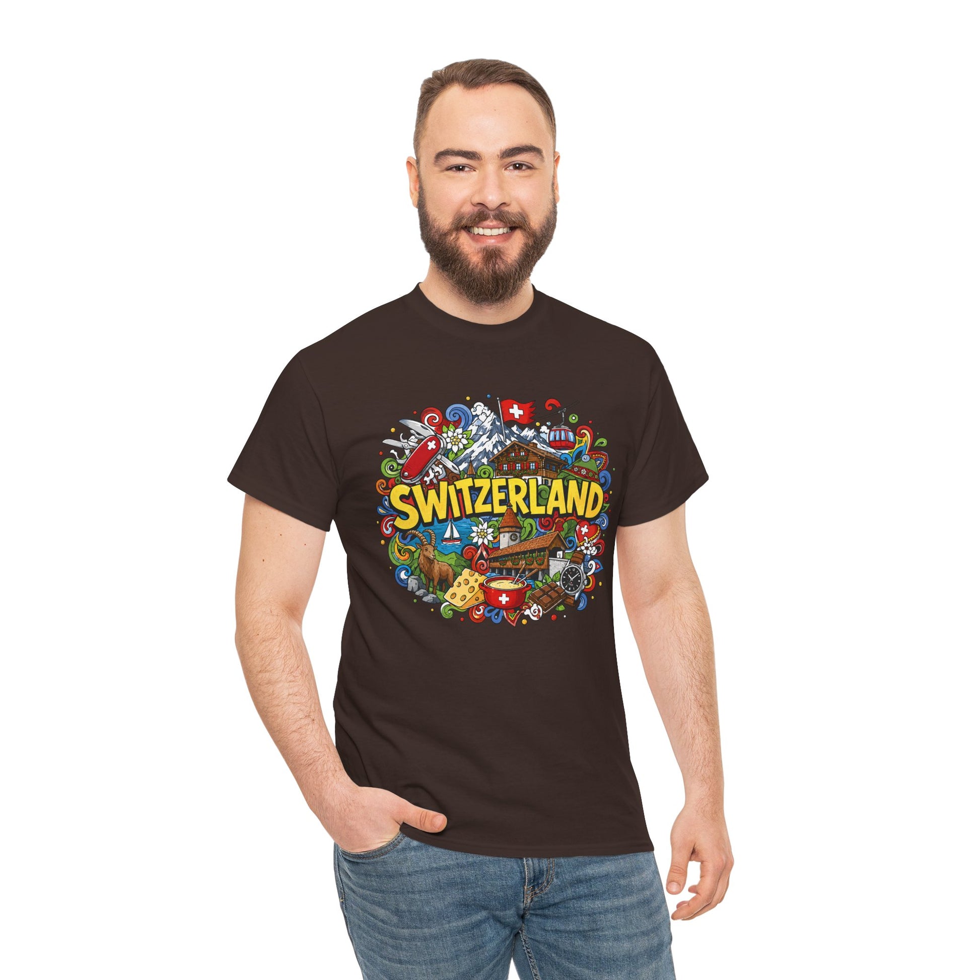 Dark chocolate crew-neck T-shirt with colorful Switzerland graphic on the front