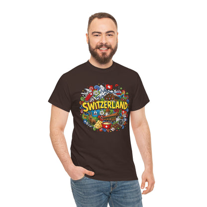 Dark chocolate crew-neck T-shirt with colorful Switzerland graphic on the front