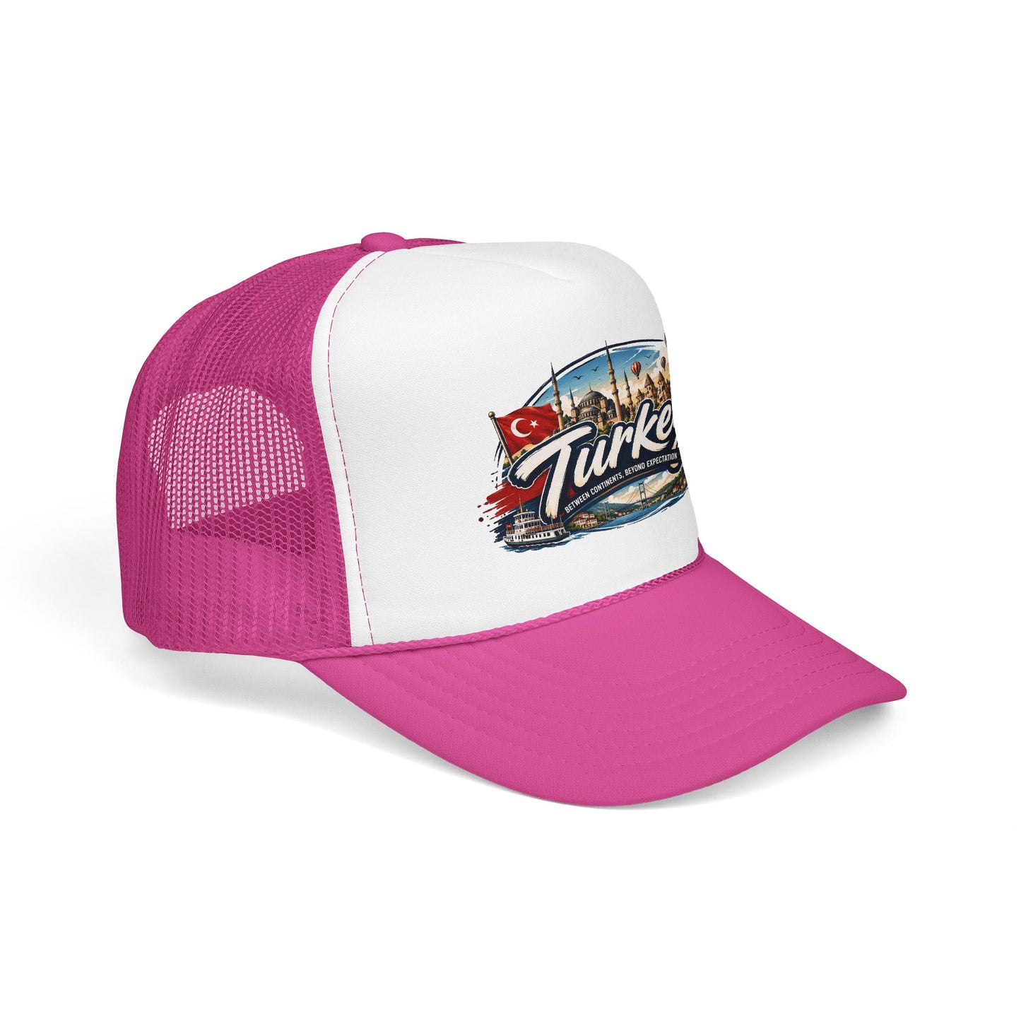 Turkey travel trucker hat with white front panel and magenta mesh sides