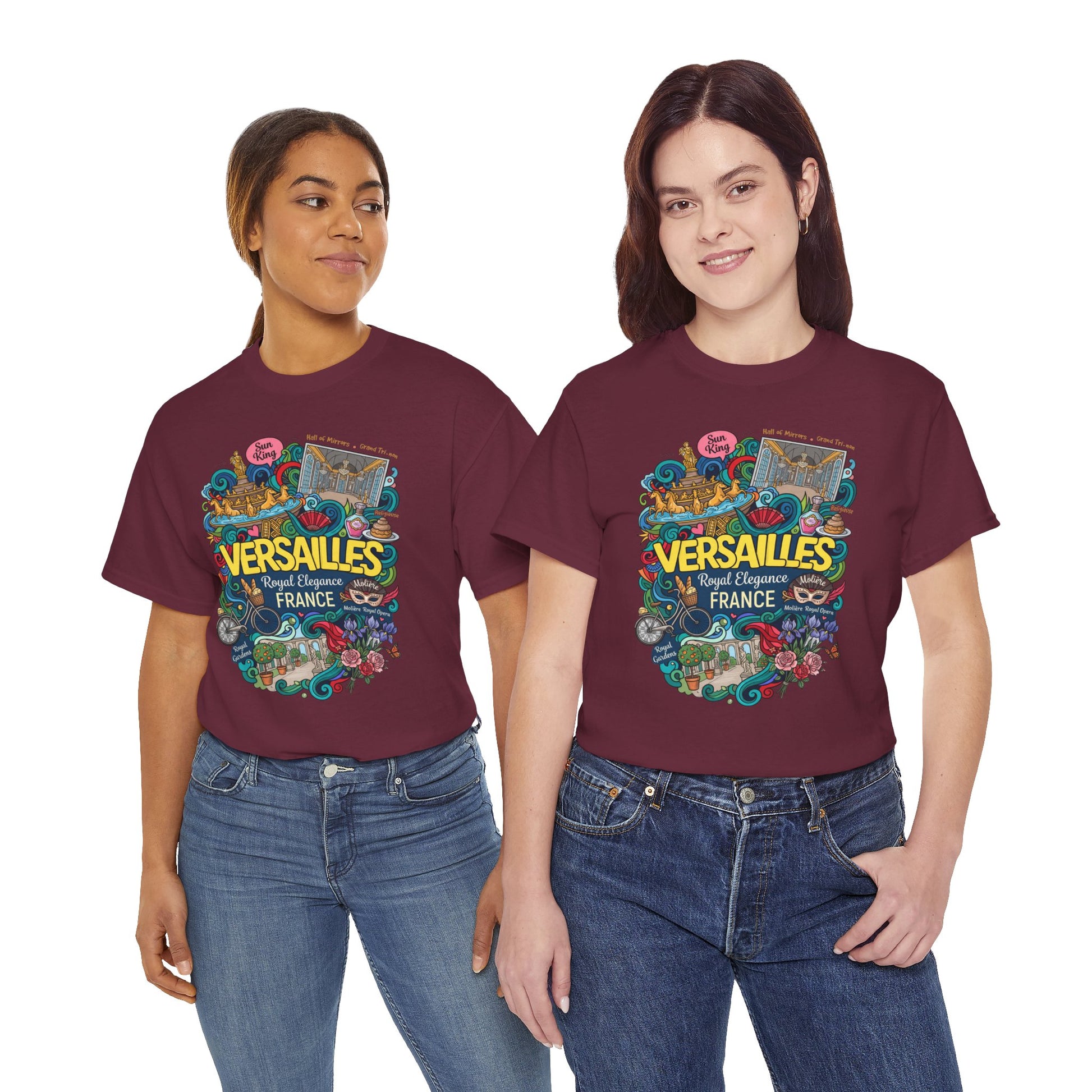 Maroon crewneck T-shirt with colorful Versailles graphic front