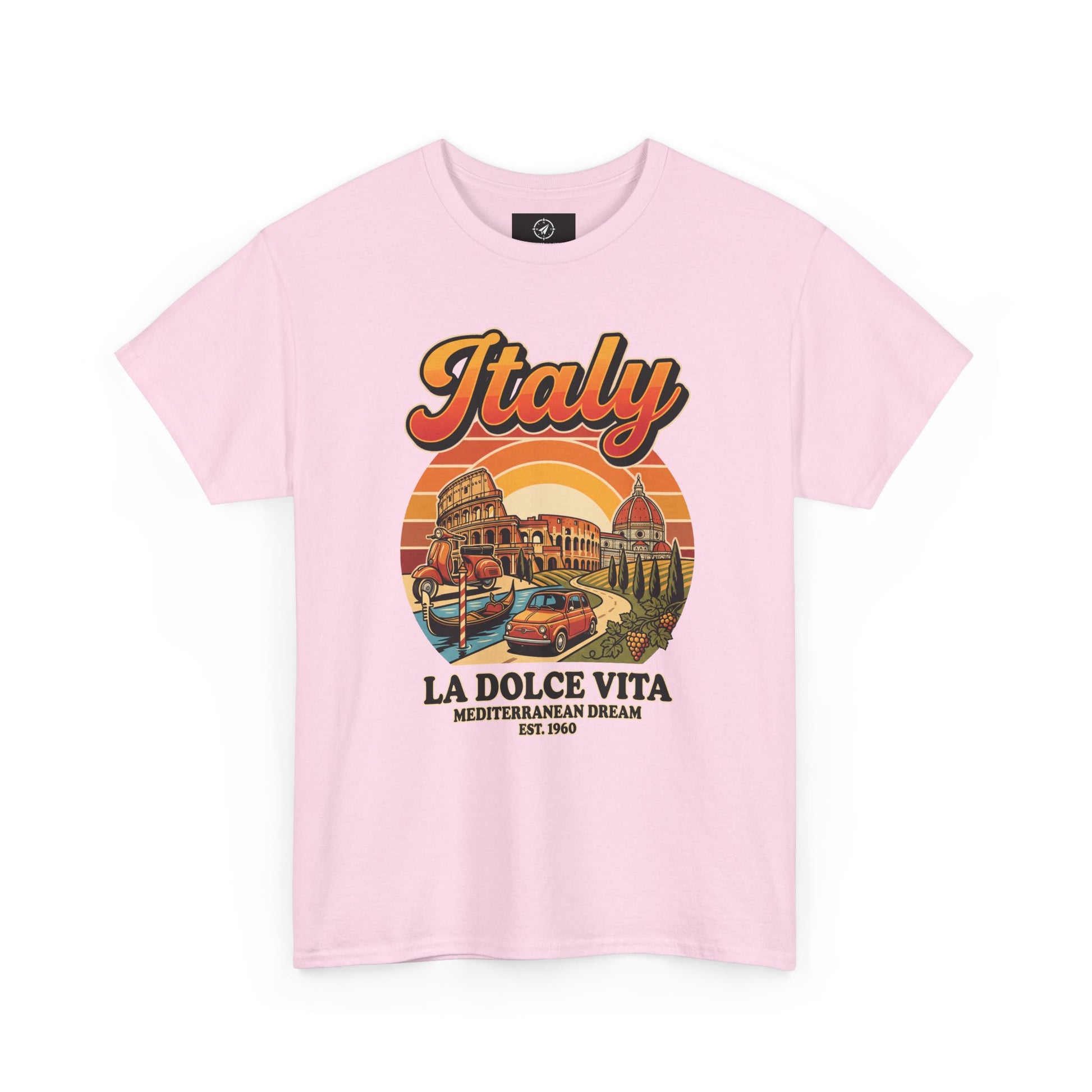 Light pink vintage graphic T-shirt with front “Italy” text and illustrated scene