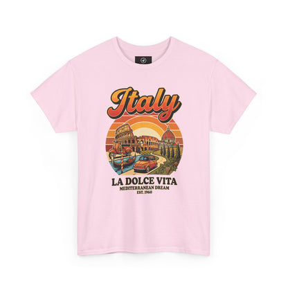 Light pink vintage graphic T-shirt with front “Italy” text and illustrated scene