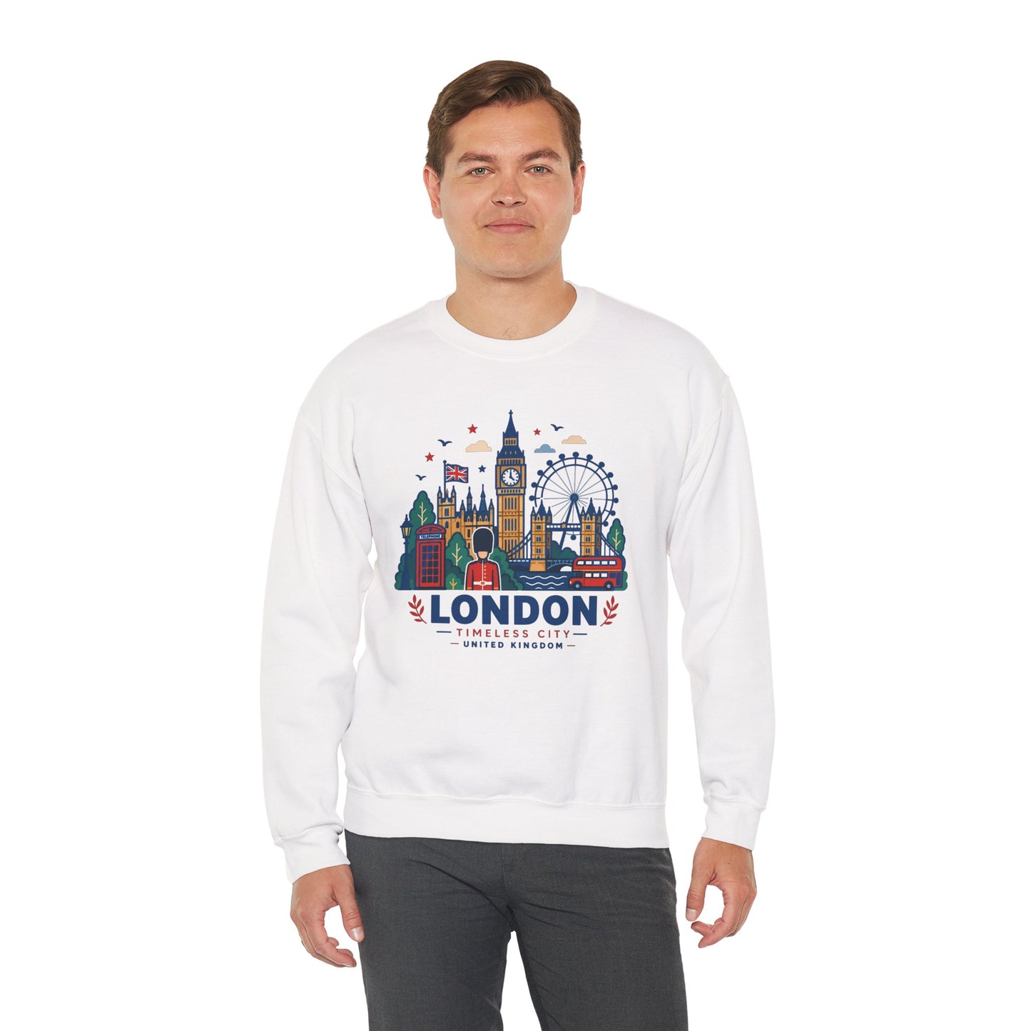 White crewneck sweatshirt with colorful London skyline graphic on front