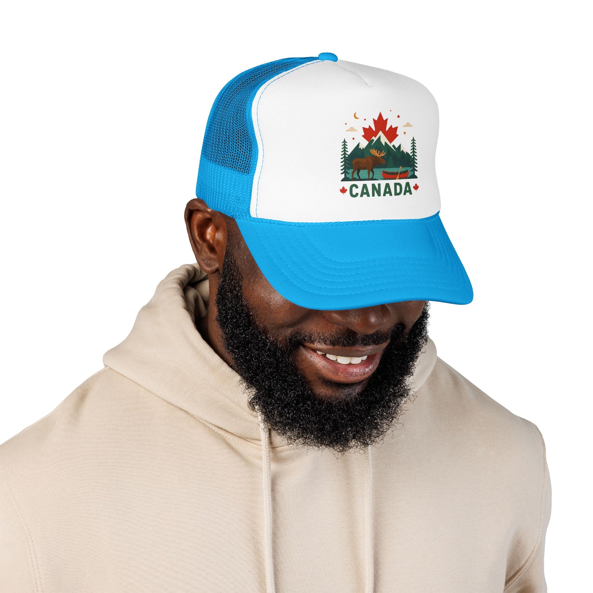 White front trucker hat with blue mesh sides and Canada emblem patch on front