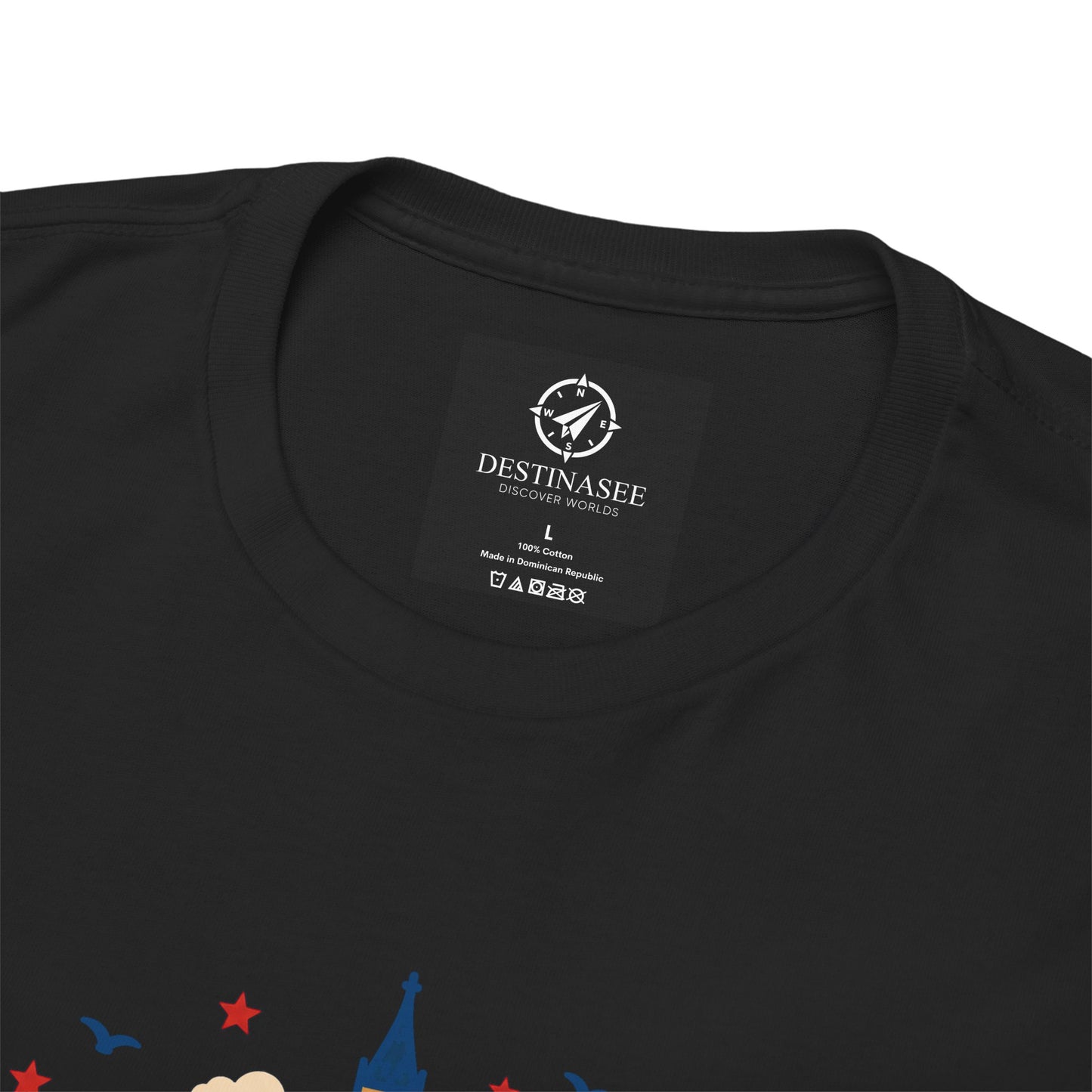 Black T-shirt neckline with small back label and top of skyline design