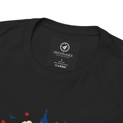 Black T-shirt neckline with small back label and top of skyline design