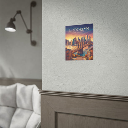 Small rolled poster on wall featuring Brooklyn sunset skyline and bridge
