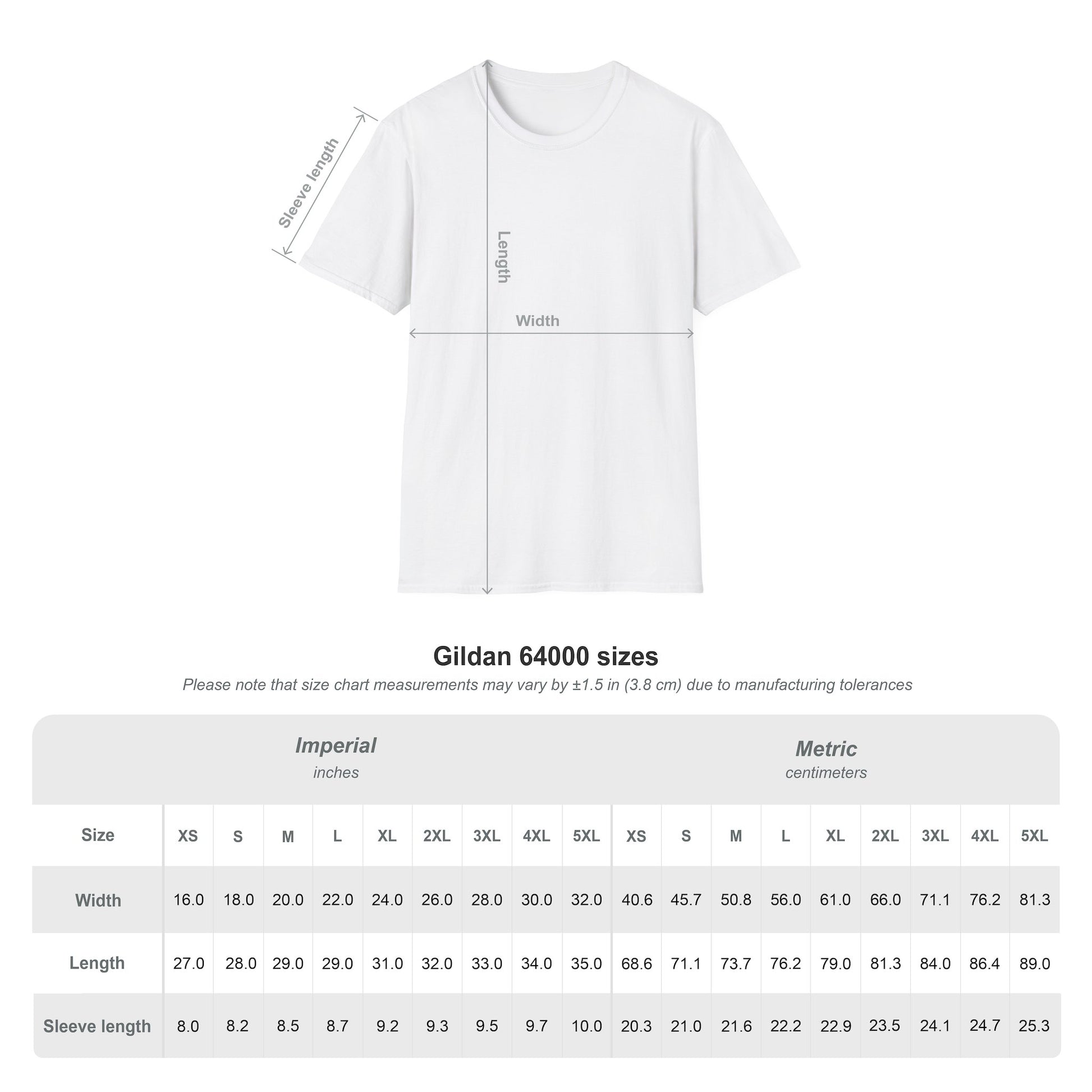 White T-shirt size chart with width and length measurements in inches and centimeters