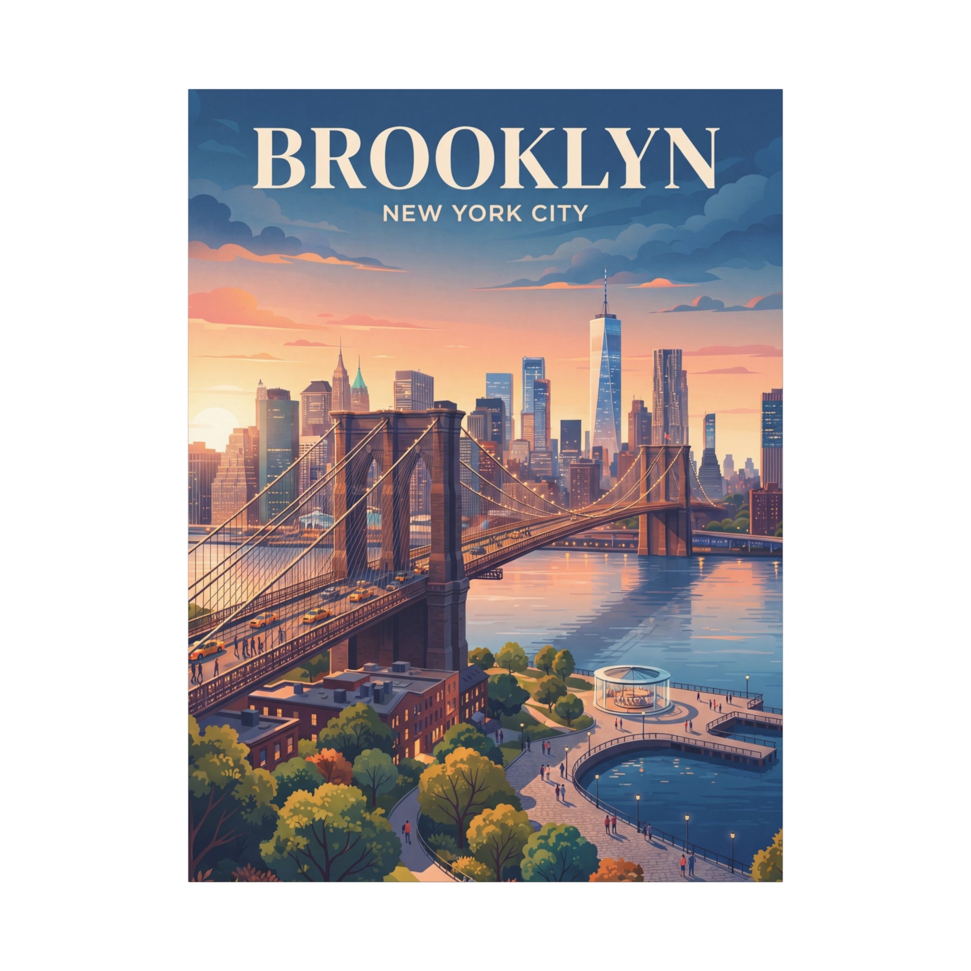 Canvas wall art of Brooklyn skyline with bridge and river at sunset, NEW YORK CITY under BROOKLYN
