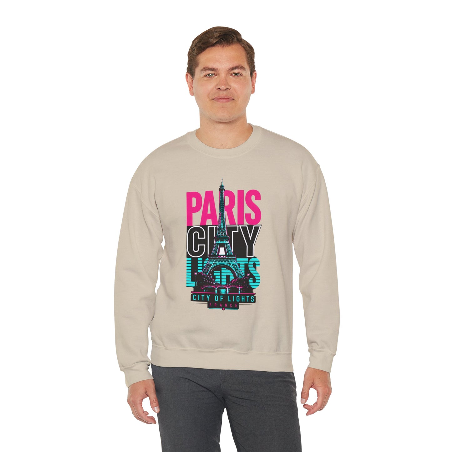 Light sand crewneck sweatshirt with colorful "PARIS CITY" Eiffel Tower graphic on front