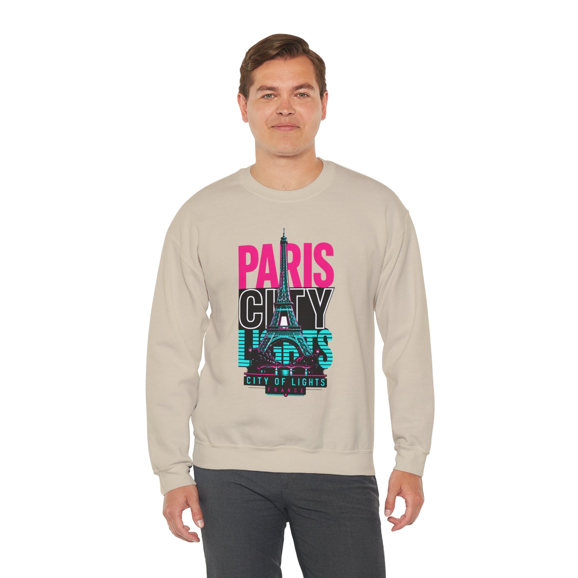 Light sand crewneck sweatshirt with colorful "PARIS CITY" Eiffel Tower graphic on front