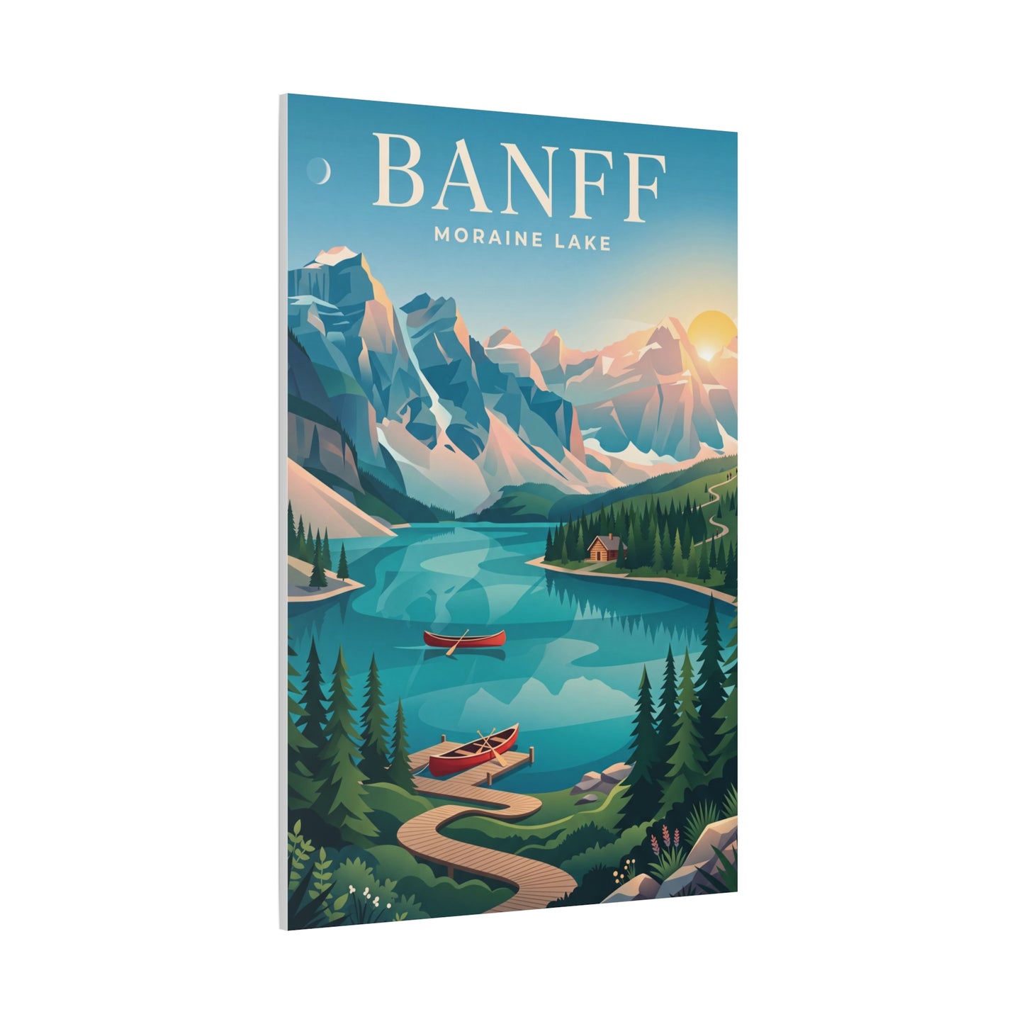 Banff Moraine Lake matte canvas wall art, portrait canvas with BANFF title over turquoise lake