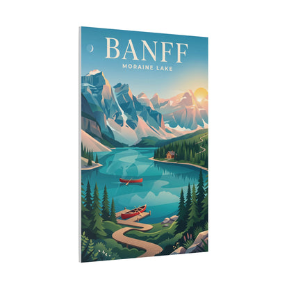 Banff Moraine Lake matte canvas wall art, portrait canvas with BANFF title over turquoise lake