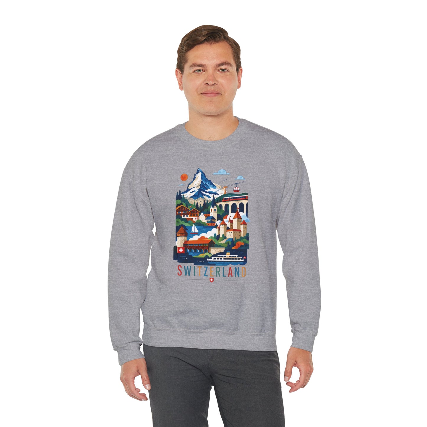 Heather gray crewneck sweatshirt with colorful Switzerland alpine village graphic front