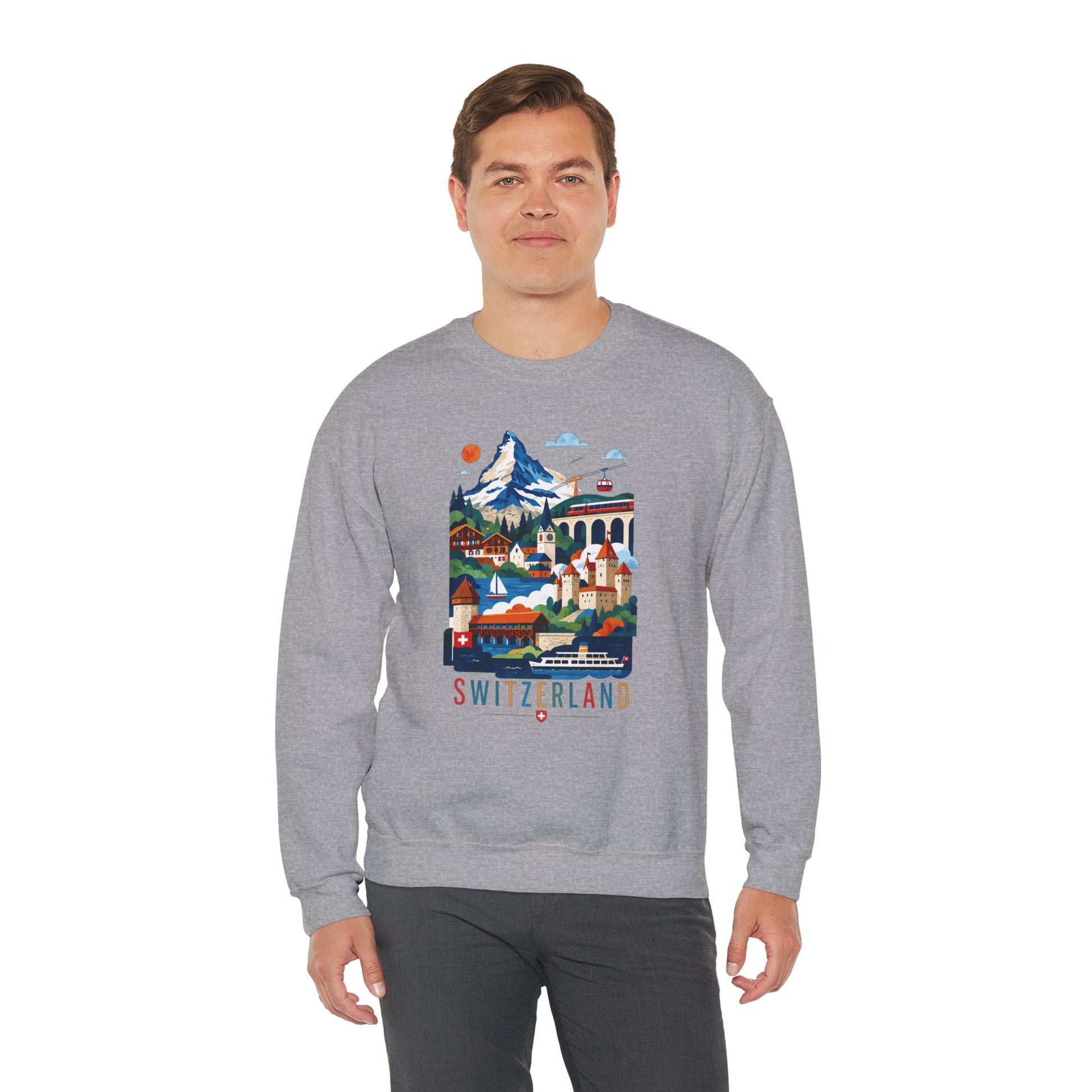 Heather gray crewneck sweatshirt with colorful Switzerland alpine village graphic front