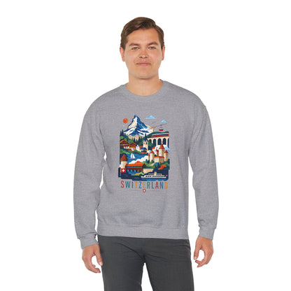 Heather gray crewneck sweatshirt with colorful Switzerland alpine village graphic front