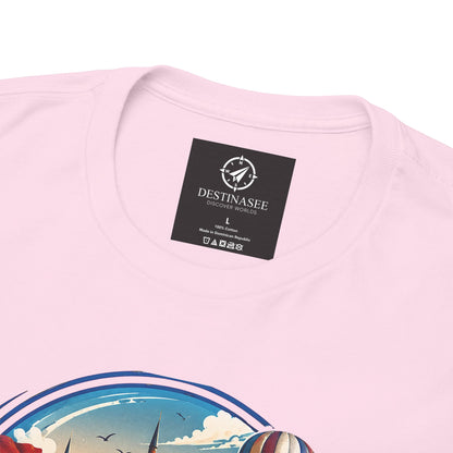Light pink crewneck T-shirt with neck label and partial Turkey graphic