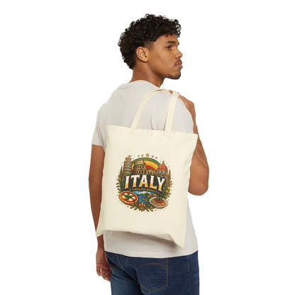 Natural tote bag with “Italy” vintage landmark graphic, worn on shoulder