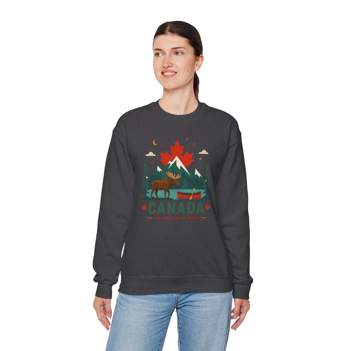 Dark grey Canada moose and canoe sweatshirt with colorful mountain graphic and "Canada" text
