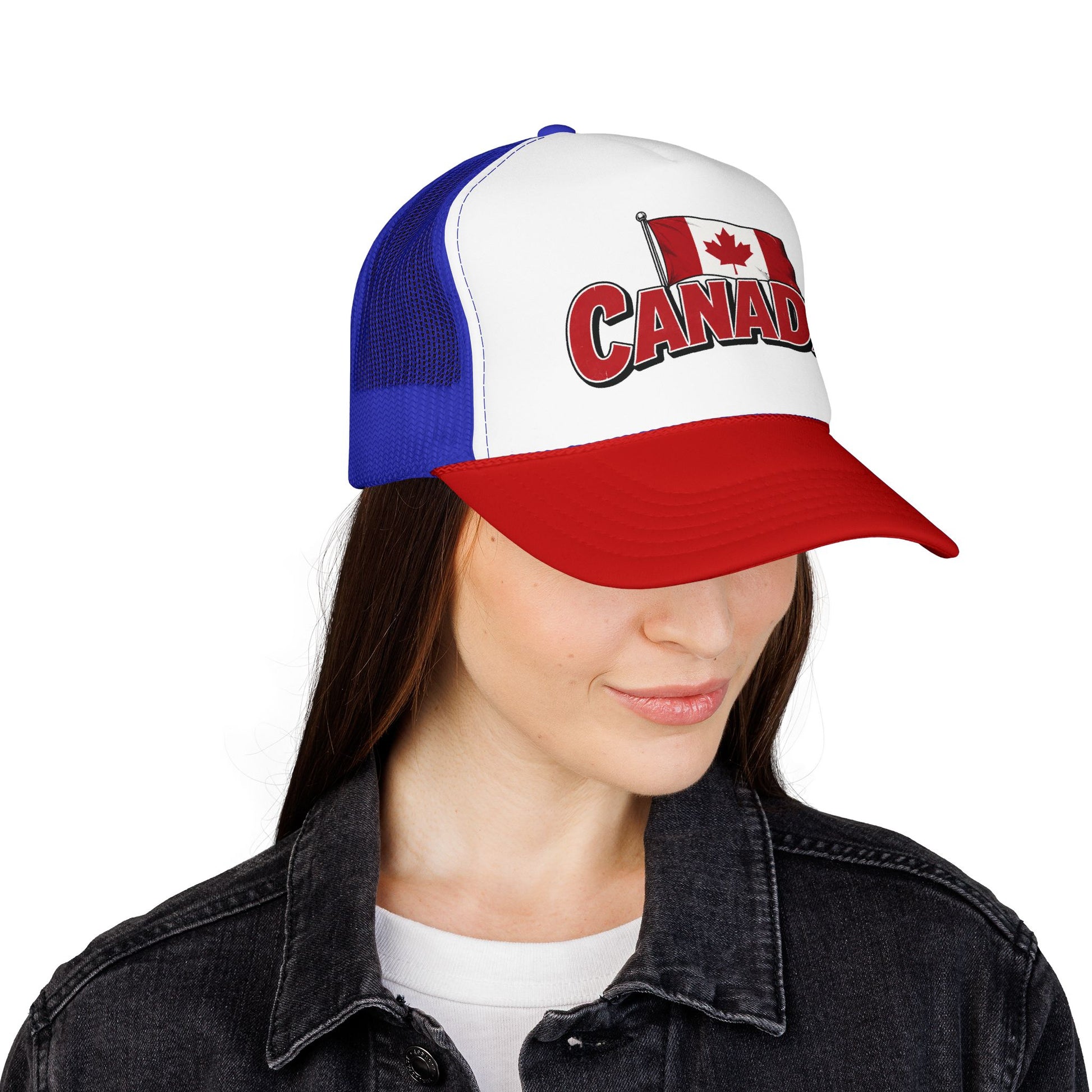 Canada flag trucker hat with red brim, white front, blue mesh, Canada crest logo