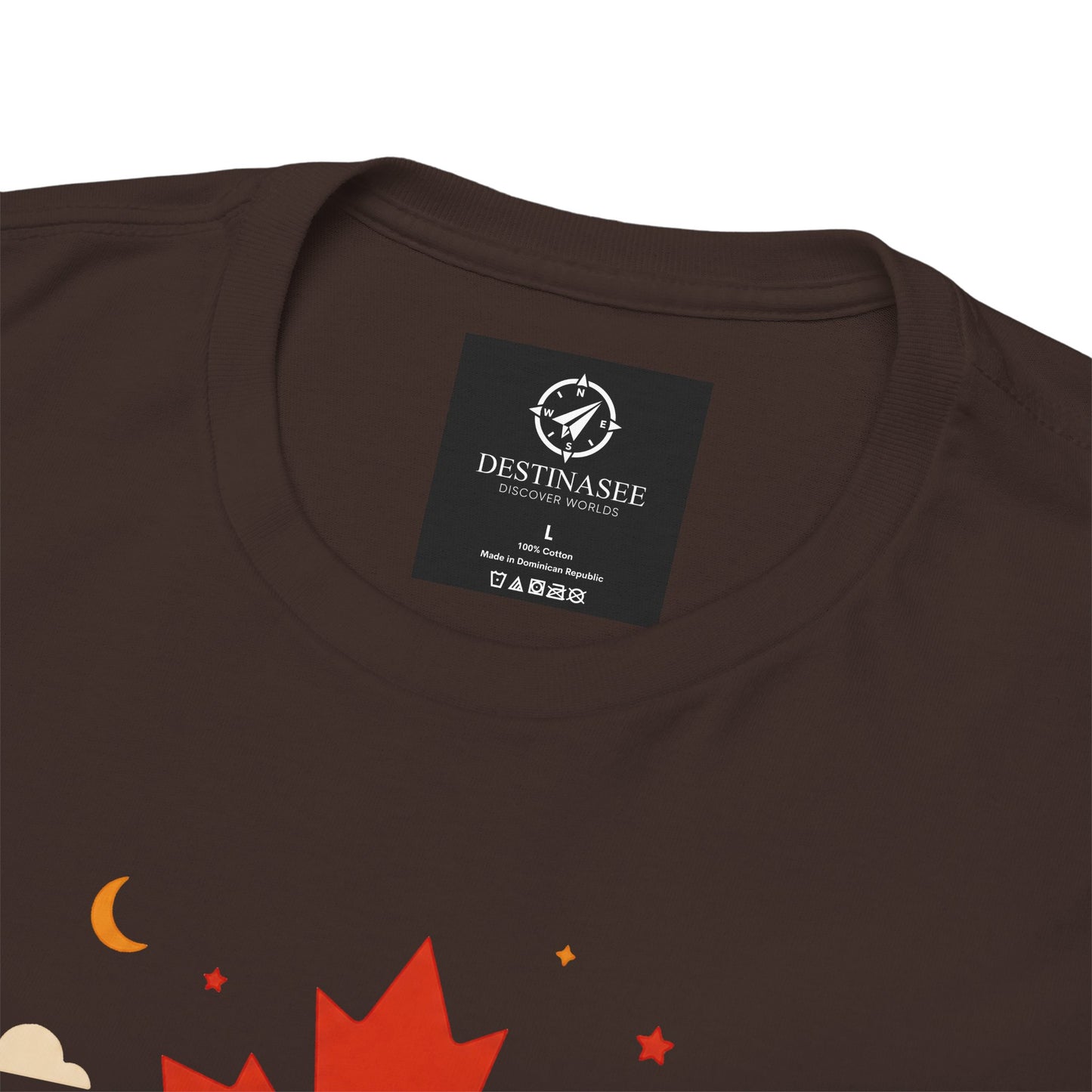 Dark brown T-shirt close-up with small “DestiNasee” patch and maple leaf graphic