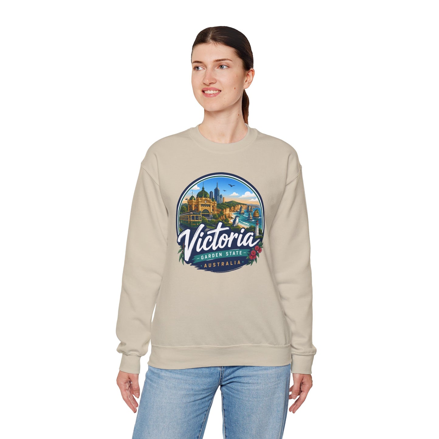 Sand crewneck sweatshirt worn, front view with Victoria graphic