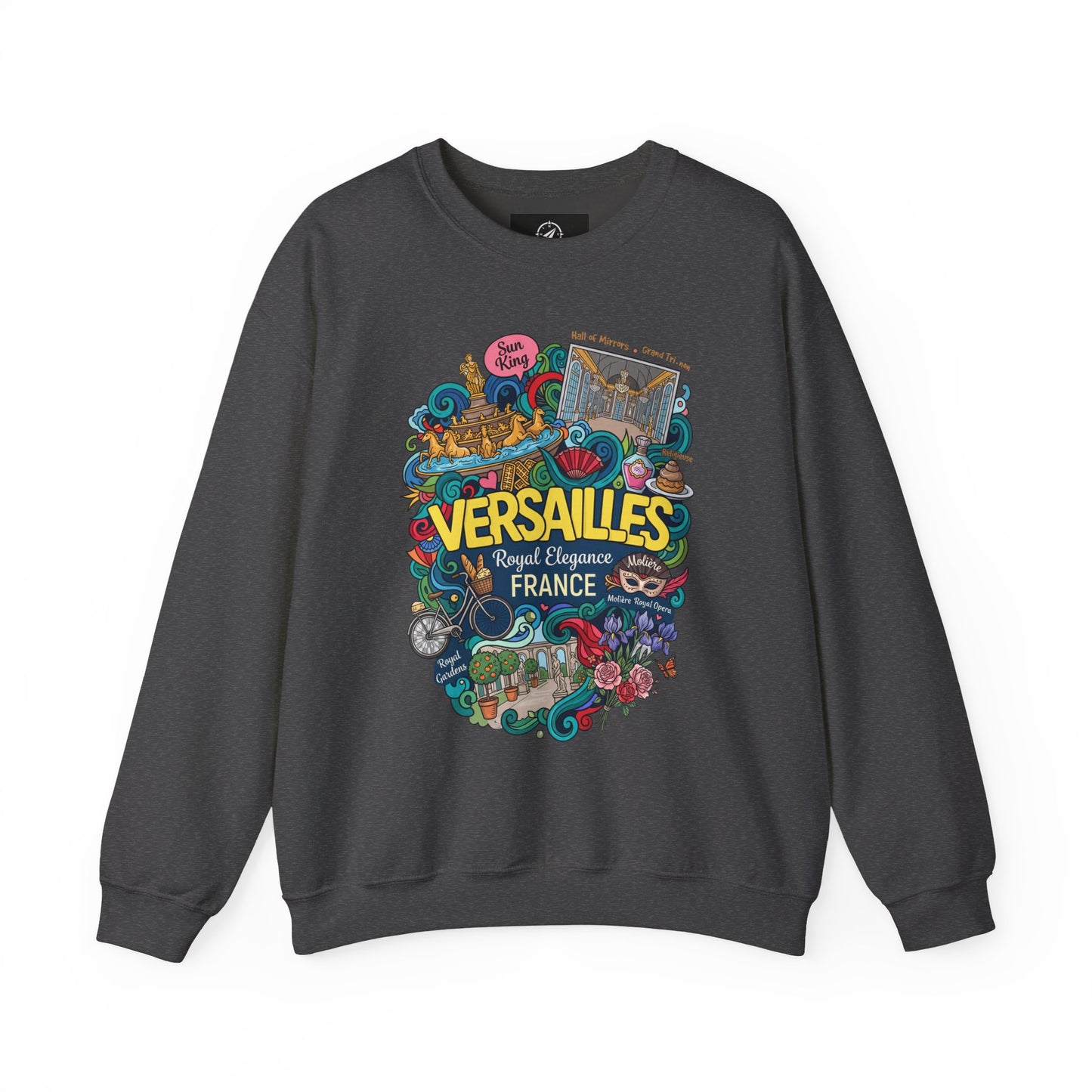 Dark gray crewneck sweatshirt with colorful Versailles illustrated graphic on the front